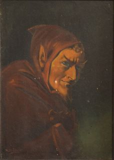 W. Deikuwski (20th century), hooded devil, oil on canvas laid on board, signed faintly lower left: W. Deikowski, 17" x 12".