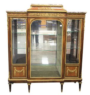 Francois Linke Vitrine Cabinet, having original beveled glass with bronze ormolu mounts, marble top, original keys, electrified seventy years ago, all