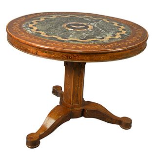Rosewood Round Center Table having center pietra dura top and vine inlaid surround on pedestal, on three inlaid legs, height 29 inches, diameter 36 1/