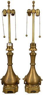 Pair of French Brass Urn Style Table Lamps, height 34 1/2 inches.