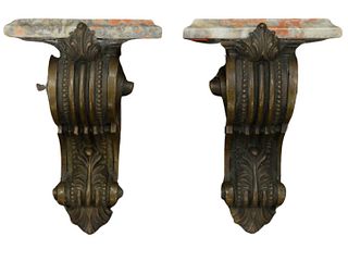 Pair of Bronze Wall Mounted Bracket Shelves, having red and grey marble and scrolling bronze supports, height 8 1/4 inches, width 6 inches, depth 4 in
