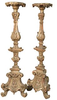 Pair of Gilt Wood Pricket Stands, possibly 18th century or later, height 34 1/2 inches, width 11 inches.