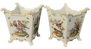 Pair of Augustus Rex Porcelain Cache Pots, both having painted bird motif, height 5 3/4, width 5 1/4 inches.