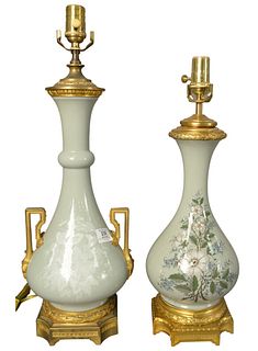 Two Celadon Glazed Vases Made Into Table Lamps, one pate sur pate with bronze mounts; the other painted with brass mounts, heights 21 and 24 inches.