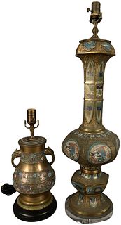 Two Champleve Table Lamps, one having floral details and dragon form handles; the other having three-claw dragon decoration, mounted on a Lucite base,