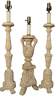 Three White Washed Carved Wood Prickets, made into table lamps, heights 30 and 35 inches.