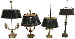 Group of Four Bouillotte Table Lamps, each having a painted tole shade, overall tallest 31 inches.