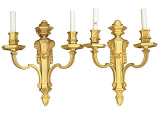 Pair of E.F. Caldwell Gilt Bronze Wall Sconces, each having two lights, length 18 inches, width 13 inches.
