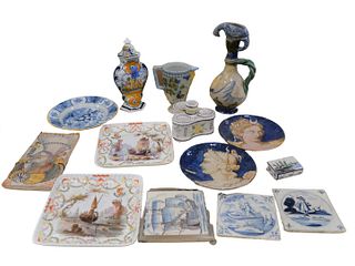 Lot of French Faience, to include two Delft tiles, 5 1/8" x 5 1/8".