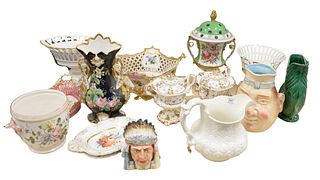 Nine Piece Lot, to include four French porcelain baskets with enameling, one Bou pot, two covered tureens, two shaped plates, tallest 13 1/2 inches.