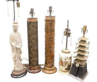 Group of Five Table Lamps, to include one in the form of a pagoda; one whitewashed wood geisha form; one vase form with female figure and beetles; alo