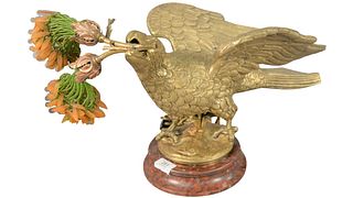Gilt Bronze Eagle Form Lamp, having two lights with glass bead shades mounted on circular marble base, height 11 1/2 inches, width 12 inches, depth 19