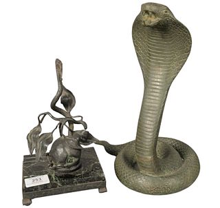 Two Piece Lot of Watch Holders, to include a bronze snake with green patina in the form of a cobra; along with an iron snake, fruit, leaves, mounted o