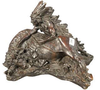 P. More (American, 20th century), Indian with fallen bison, bronze with brown patina, inscribed to the reverse "Copyrighted P. More, 1908," height 13 