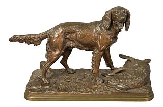 After Alfred Dobuccand (French, 1828 - 1894), hunting dog with hare, bronze with brown patina, inscribed on the base: A. Dubucond, height 10 inches, w