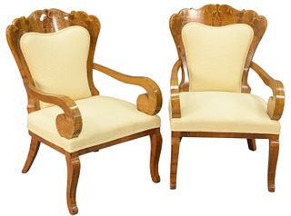 Pair of Biedermeier Armchairs, having inlay, with new upholstery, height 38 inches.