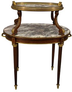 French Style Mahogany Pastry Table having removable top marble tray, with bronze gallery, gilt mounts, and handles, in the manor of Francois Linke, he