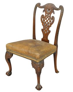 George III Mahogany Side Chair, having carved splat with leather seat, ball and claw feet, seat height 17 1/2 inches.