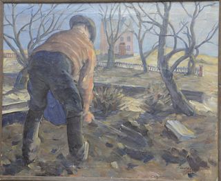 Gustof Magnusson (Swedish, 1890 - 1957), man gardening, oil on canvas, signed and dated lower right "Gust. Magnusson, 1922" 24" x 29". Provenance: Les