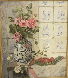 F. de Wit (Belgian, 19th century), floral still life with tiled wall, oil on panel, signed, dated, and inscribed lower left "F. de Wit/Richmond....188