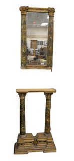 Italian Console and Matching Mirror, having faux paint decorated columns, mirror 36" x 19", column height 39 1/2 inches, width 27 inches, (some chips)