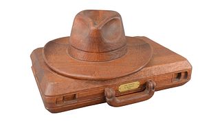 Ched Djordjievski (American, 20th century), Long Weekend, (top hat and briefcase), carved wood, attributed, titled, and dated '1993' on plaque, height