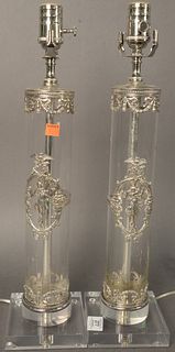 Pair of Silver Mounted Glass Table Lamps on Lucite bases, figural silver mount, height 20 1/2 inches.