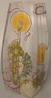 Mont Joye Cameo Glass Vase, square with dandelion decoration, marked to the underside, height 12 1/2 inches, width 5 inches.