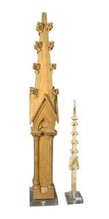 Two French Gilt and Painted Wood Spire Fragments mounted on Lucite bases, heights 26 1/2 and 46 inches.