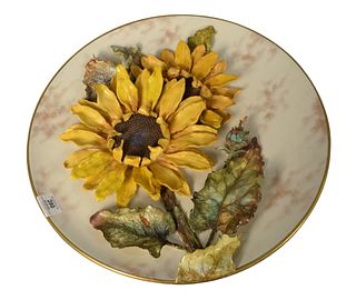 Pinder Bourne and Company Hand Painted Sunflower Charger, strung to hang on a wall, marked to the underside, diameter 19 1/2 inches.