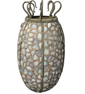 Leaded Glass and Bronze Lantern having egg form with jeweled glass, possibly Tiffany and Company, height 20 inches, width 8 inches.