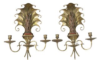 Pair of Oriental Hammered Brass Three Light Wall Sconces, each having an Asian male form to the center, height 17 inches, width 14 inches.