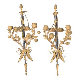 Pair of French Gilt Bronze Two Light Wall Sconces having floral forms, not electrified, height 19 inches, width 7 inches.