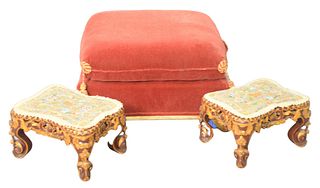 Three Piece Lot to include pair of gilt decorated and carved far eastern stools having beadwork covered tops, height 7 1/2 inches, top 9 1/2" x 13", a