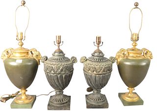 Two Pairs of Neoclassical Style Table Lamps, both having mounted rams head handles, one having gilt decoration, overall heights 22 and 30 inches.