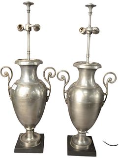 Pair of Silvered Bronze Urn Form Table Lamps, both having two lights with scroll handles, overall height 32 inches.