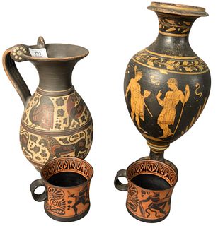 Four Piece Group of Greek Revival Pottery, to include a pair of red and black cups, marked illegibly on the bottom; a pitcher painted with animals; al