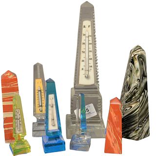Group of Eight Marble and Crystal Obelisks and Thermometers, 19th century or later, tallest height 10 1/2 inches.