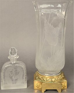 Two Etched Glass Pieces, to include Orrefors Intaglio perfume bottle; along with French glass vase depicting goose with flowers and leaves, heights 5 