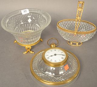 Three Piece Lot of Gilt Bronze Mounted Cut Glass, to include a clock, flower basket and bowl on swan head feet, bowl height 6 inches, diameter 9 inche