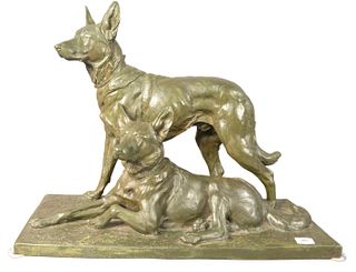 After Charles Paillet (French, 1871 - 1937), two German Shepherd dogs, bronze with green patina, inscribed to the base "Ch Paillet Medaille d'Or" heig