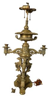 Pair of French Empire Bronze Two Light Table Lamps, both having two candle arms and decorated with eagle forms around the base, overall height 35 inch