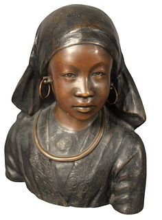 Bronze Bust of an African Woman, having incised details on her clothing, unmarked, height 10 1/2 inches, width 9 inches.