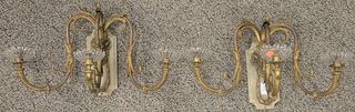 Pair of Gilt Bronze Three Light Wall Sconces, both having ram's head detail, not electrified, height 12 inches, width 16 inches.