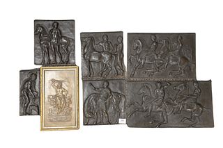 Seven French Bronze Wall Plaques, to include a set of five Roman figures, all marked 'I. Barbedienne' one signed 'F. Delaplanche', largest 10 1/2" x 1