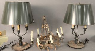 Three Piece Italian Tole Lot to include, pair of large Italian table Lamps, both having painted green tole shades and three lights; along with an Ital