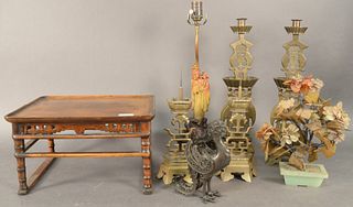 Eight Piece Asian Group, to include a figural carved hardstone table lamp; a hardstone planter; a reticulated bronze rooster; a carved bamboo square s
