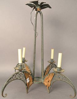 French Art Deco Chandelier, having four lights on scrolling arms, height 30 inches, diameter 28 inches.