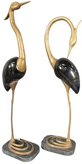 Pair of Mid-century Glass and Brass Mounted Birds, in the form of egrets, height 26 1/2 inches, width 7 1/2 inches, depth 5 inches, (one repaired).