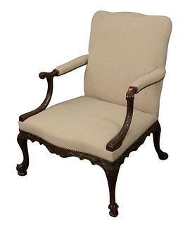 Georgian Style Mahogany Library Chair, having open arms, height 39 inches, width 28 inches.
